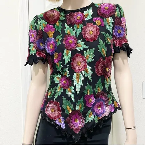 Laurence Kazar Vintage Heavily Beaded Sequin Floral Blouse Size M