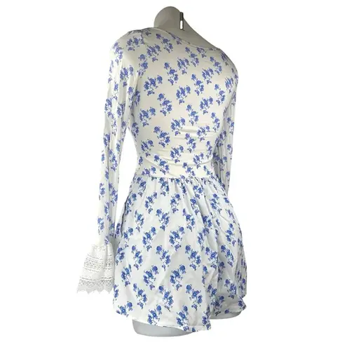 White Black Floral Long Sleeve Square Neck Lace Stretch Romper Shorts Size S