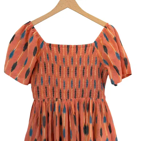NEW Mata Traders Teddy Peach Ikat Smocked Cotton Midi Dress Size M Fair Trade Orange Size M