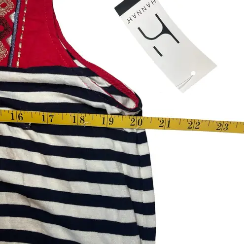 Hannah Blue White Stripe Red Boho Sleeveless Top Tassels Embroidery Large NWT