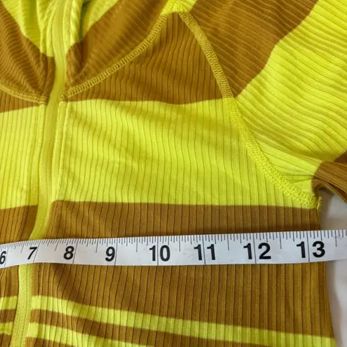 Striped Ribbed Pullover Crop Top Mustard Yellow Funnel Neck Long Sleeve Size XS