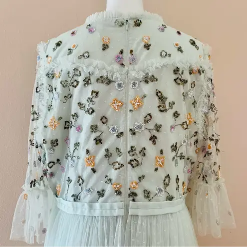 Ivy City Co Mint Green Purple Beaded Floral Embroidered Tulle Dress