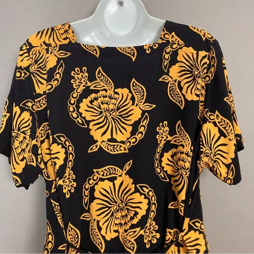 Tropical Blouse Square Neckline Floral Short Sleeves Tie Back Women Black Size L