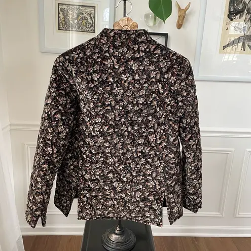 Vintage 70s Cottagecore Quilted Band Collar Jacket Brown Velveteen Floral S
