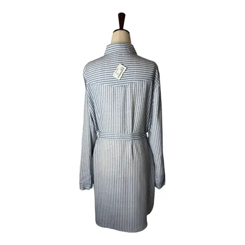 Joy Joy Dress Women Large Blue White Striped Button Front Tie Waist Shirt NWT