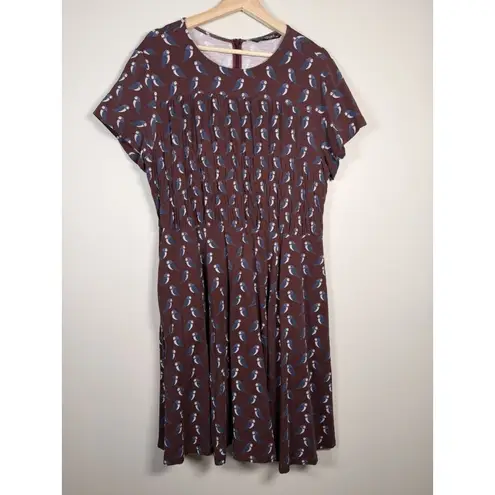 Eshakti Ruffle Puffin Print Cotton Jersey Smocked Waist Dress Size 18W Burgundy