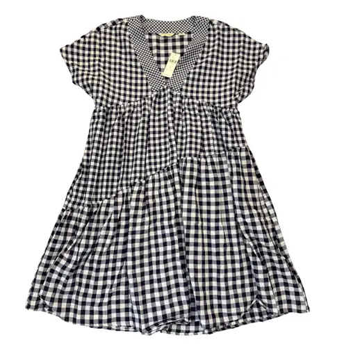 Anthropologie Dress XS Boho Navy Gingham Short Sleeve Tiered Mini Cottage Blue