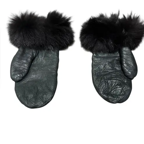 Ladies M Black Leather Mittens Faux Fur Trim Thinsulate