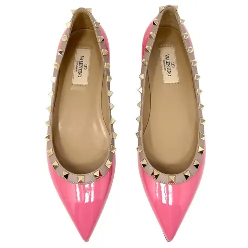 Valentino Garavani Valentino Rockstud Studded Two Toned Pink Tan Leather Pointed Toe Ballet Flats