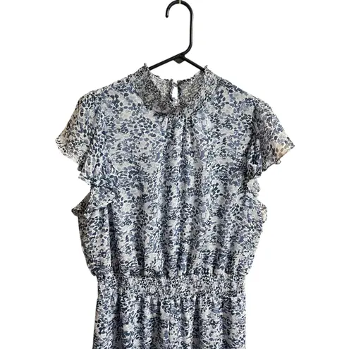 MSK Jumpsuit Women XL Flutter Sleeve Smocked Blue White Wide Leg Wedding Guest