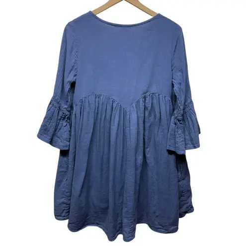 April Cornell Mini Dress Tunic Women‎ Sz S Boho Embroidered Blue Flare Sleeve