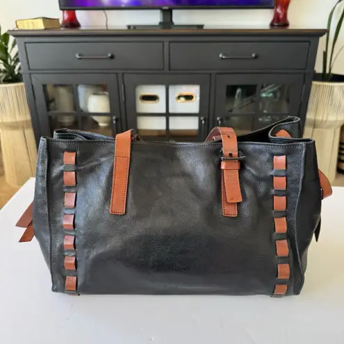 FALOR Le Borse Italy Leather Tote Woven Accent Bag Black Brown Handbag Purse