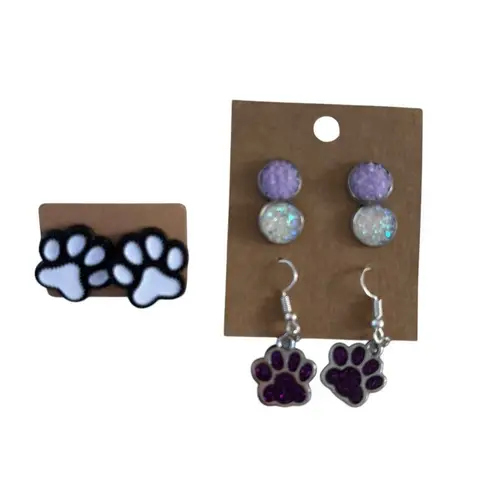 Paw Print Earrings Set With Purple & White Studs & Dangle Glitter