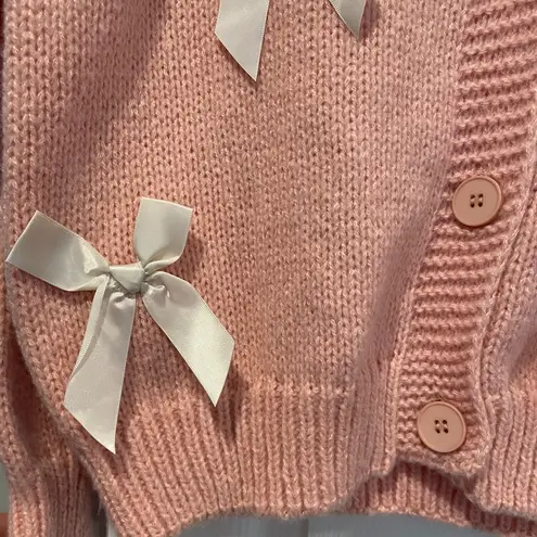 NWT Luna Ivy Anthropologie Size XS Pink Knit Cardigan Appliqué Ivory Satin Bows White