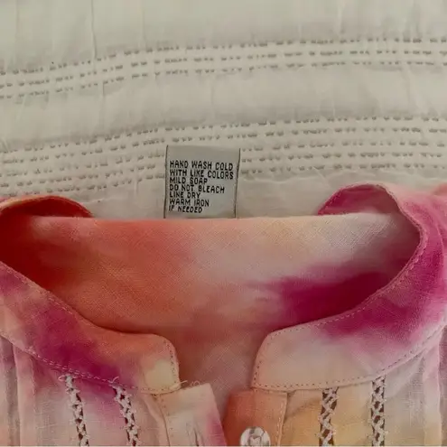 Edward 100% Linen Popover Top Tie Dye Yellow Hot Pink Lace Detail Size L Breezy Size L