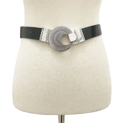 Chico's Chico’s Black Genuine Leather Belt SM Silver Round Medallion Buckle Boho Tribal