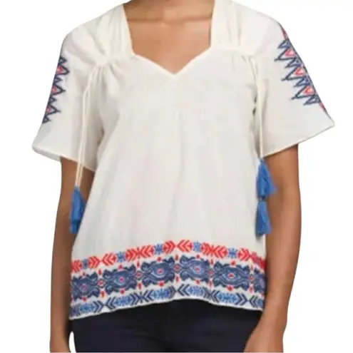 Anthropologie Pepin Women’s Size M White Red Blue Embroidered Cotton V