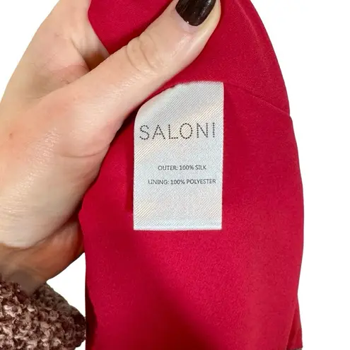 Saloni Tilly Ruffle Bib 100% Silk Long Sleeve Dress in Cherry Bows Red