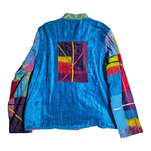 Vtg Y2K Studio Works Blue Chenille Patchwork Mandarin Collar Button Up Jacket M Size M