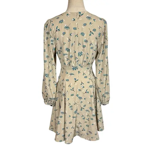 MOUSSY Floral Print Taupe Puff Long Sleeve Fit & Flare Dress Sz:1/Small Tan