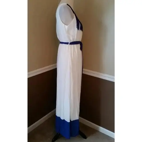 Pink Owl Modcloth White with Blue Fringe & Crochet Trim Halter Maxi Dress Boho