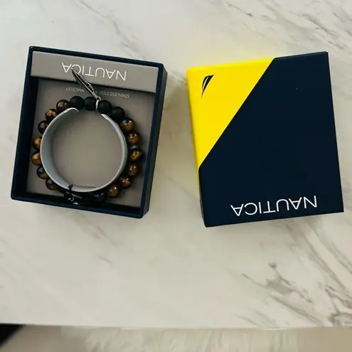 Nautica  Tiger Eye Beaded Feather‎ Charm Bracelet, Uni Sex, Brown/Black, NWT