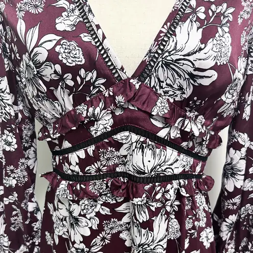 Bardot Jolie Floral V Neck Cuff Sleeve Sheer Lattice Ruffle Midi Dress Small 6