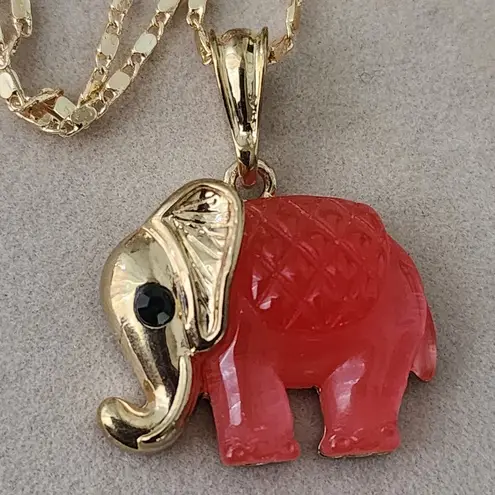 Gold Filled Necklace and Earrings Set Faux Red Jade Elephant