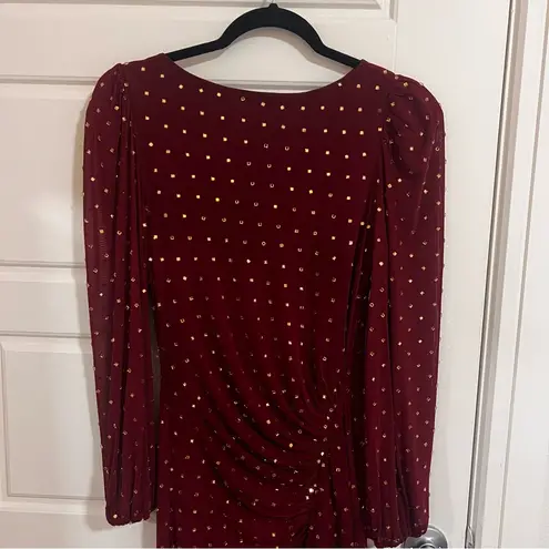 Alex Marie Burgundy Long Sleeve Gold Sequin Asymmetrical Dress