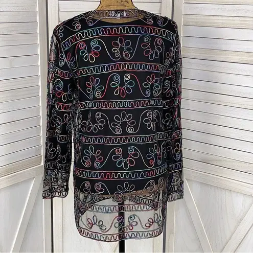 Jeannie Rainbow Embroidered Sheer Button Front Cardigan Shirt Black Medium Black