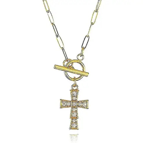 Boutique Diamond Cross Toggle Paperclip Necklace | 18k Gold Filled