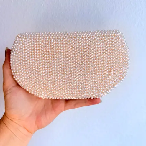 Vintage Japanese Pearl Beaded Mini Clutch Pouch in Cream & Silver, Satin Lining Silver