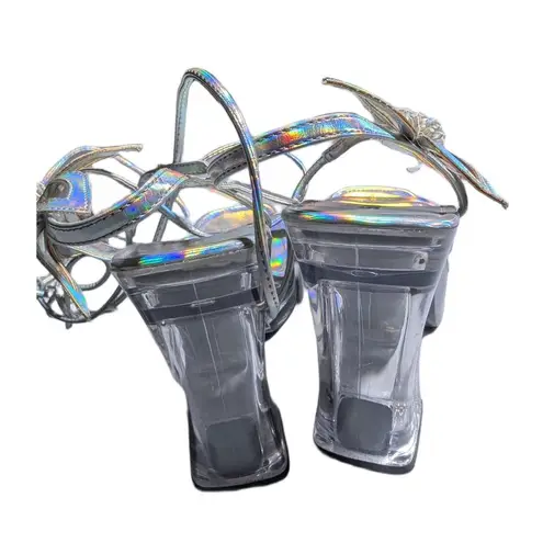 Vtg Y2K Soda Silver Holographic Flower Applique Chunky Clear Heel Sandals Sz 8.5