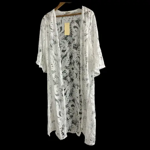 AMBER SKIES Elegant White Lace Kimono Tropical Leaf Design Resort Sz m Size M