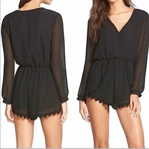 ASTR The Label Romper Black Crochet Lace Trim Long Sheer Sleeve Boho Regency XS