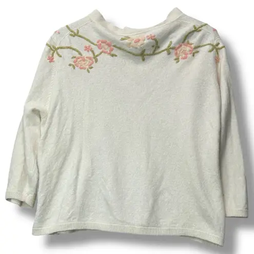 Vintage 80s Cream Cardigan Floral Embroidered Pearl Button Retro Grannycore XL Pink