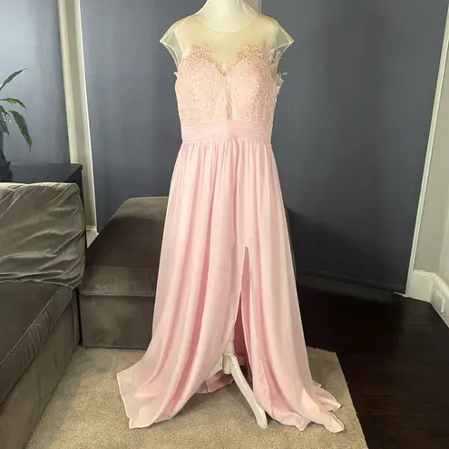 Woman’s Pink Formal Dress Gown with Sheer Lace Top Leg Slit Zip Back Size 14