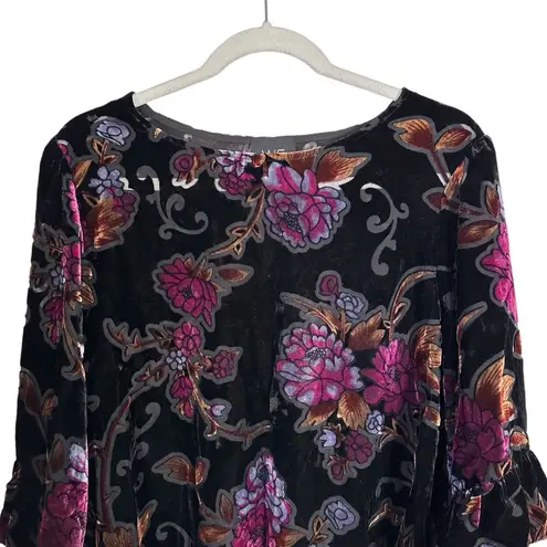 W5 Women's Sz L Floral Flare Sleeve Velvet Velour Semi Sheer Blouse Boho Hippy