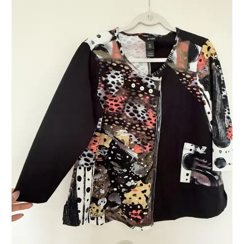 Ali Miles Black Colorblock Abstract 3/4 Sleeve Tunic Top Modern Chic Sz PM