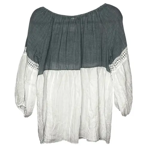 Kaktus NEW Blue White Chambray Boho Peasant Lace Tie Top 3/4 Balloon Sleeve L Size L