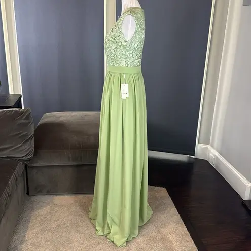 Women’s Green Full Length Sleeveless Chiffon Formal Dress Lace Bodice Size 6 NEW