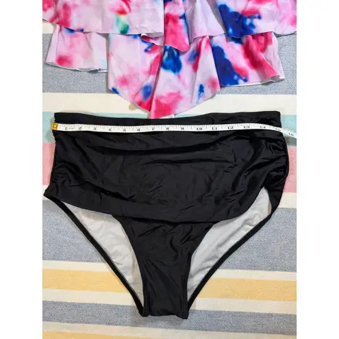 NWT, Adisputent, Tie Dye Ruffle Top & High Waisted Bikini Bottom Set, Sz XL Black