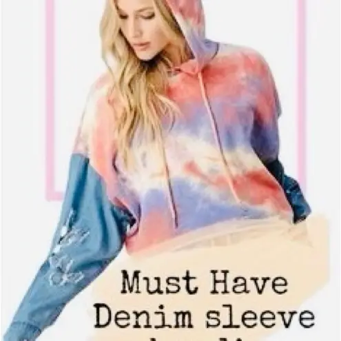 Like an angel pullover cropped hoodie, tie-dye, light denim sleeves Size large