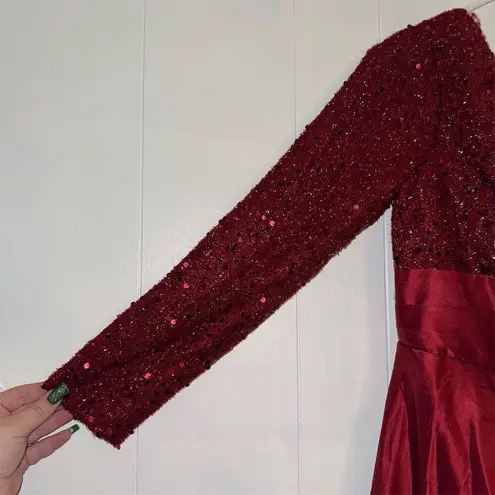 Red Sequin Long Sleeve Formal Gown V