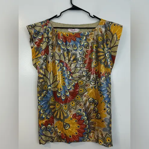 NWT Monique Leshman 100% Silk Colorful Sequin Peacock Belted Mini Dress Large Red