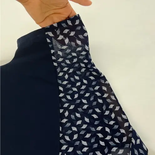 Ivy Ridge Navy Blue Patterned Mesh Neckline Stretch Jersey Knit Dolman Polo Top