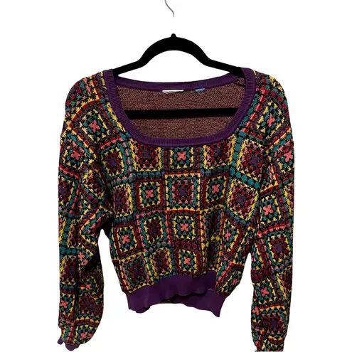 Farm Rio Pullover Multicolor Square Neck Crochet Sweater Sz S