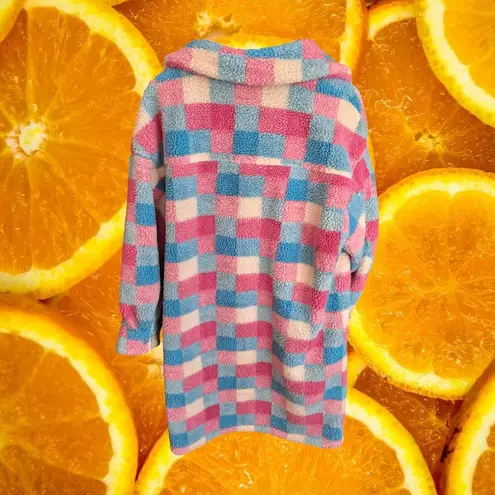 Cozy Sherpa Checkered Shacket Pink Blue White Womens Long Jacket Size XL