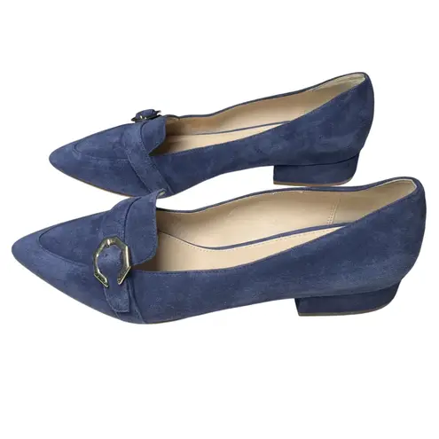 Cole Haan  Blue Suede Loafers 9.5B Gold Buckle Quiet Luxury Chic
