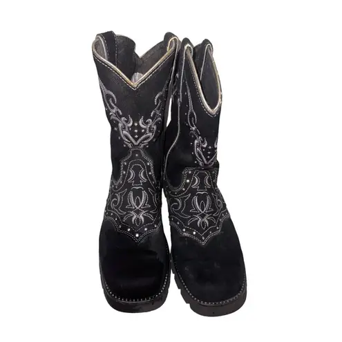 Justin  Western Cowgirl Boots Black Leather Rhinestones Embroidery 8B Square toe